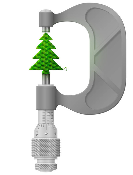 Verticale micrometer meet gebreide dennen. Concept van kerstboom van gehaakte stof en meetinstrument. Vector illustratie voor kerst, nieuwjaarsdag, wintervakantie, nieuwjaarsavond, silvester, etc - Vector, afbeelding