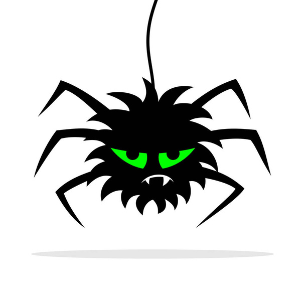 Ijesztő, zöld szemű pók lóg a pókhálón. Fekete kísérteties sziluett pók elszigetelt fehér háttér. Halloween lapos vektor karakter. Rajzfilm stílusú sablon Halloween party meghívó, üdvözlőlap, póló. - Vektor, kép