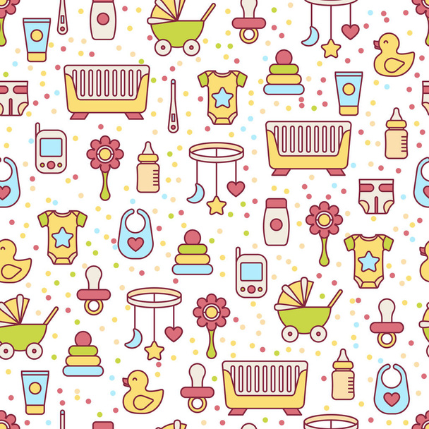 Vector seamless pattern. Nursery and kids care illustration. Baby toys and clothes line art style background. - Вектор, зображення