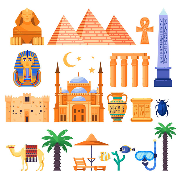 Utazás Egyiptomba vektor ikonok és tervezési elemek. Egyiptomi nemzeti szimbólumok és ősi műemlékek lapos illusztráció. - Vektor, kép