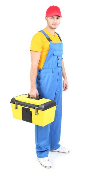 Male worker with toolbox isolated on white - Φωτογραφία, εικόνα