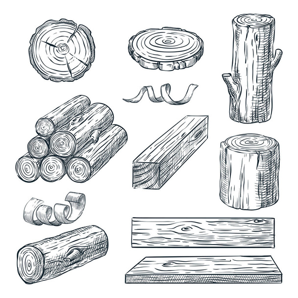 Tronchi di legno, tronco e tavole, schizzo vettoriale illustrazione. Materiali in legno disegnati a mano. Set legna da ardere. - Vettoriali, immagini