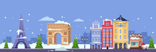 Χειμώνας στο Παρίσι. Διάνυσμα επίπεδη απεικόνιση της cityscape με πύργο του Άιφελ, Triumphal Arch και παλιά κτίρια. Χριστούγεννα και το Νέο Έτος ταξίδια στη Γαλλία. - Διάνυσμα, εικόνα