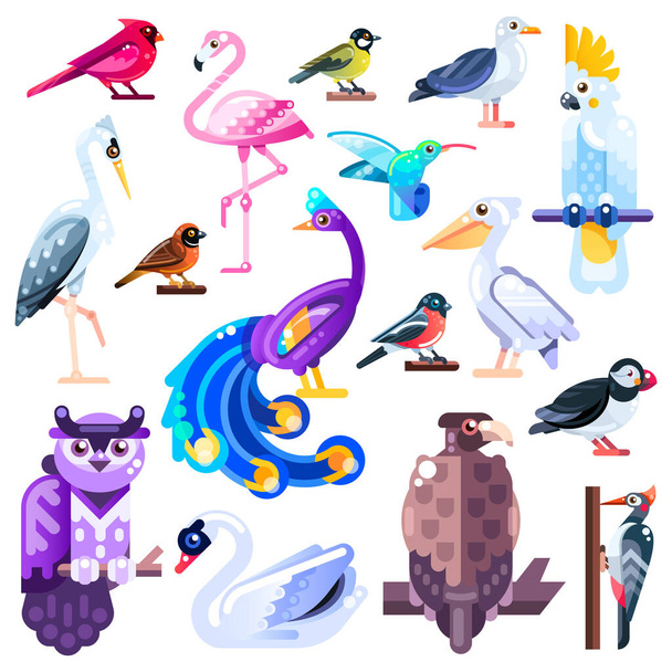 Ilustración plana de pájaros coloridos. Conjunto de iconos de logotipo vectorial. Lindos personajes aislados sobre fondo blanco. - Vector, Imagen