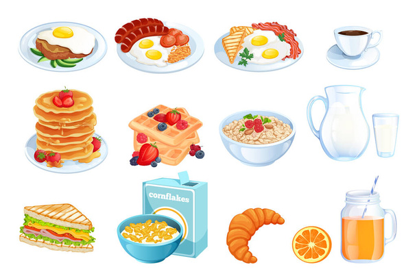 Cooking breakfast, vector cartoon illustration. Set of isolated morning meal dishes. Restaurant or cafe brunch menu design elements. - Vector, Image