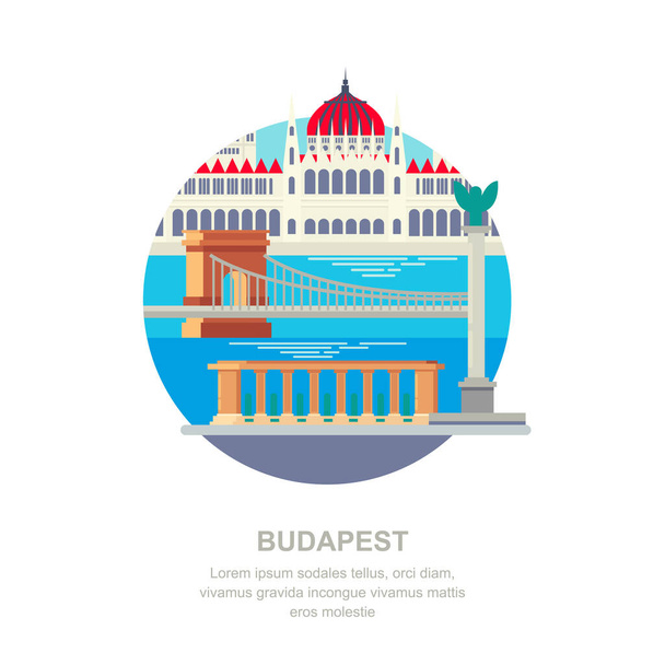 Matkustaa Unkariin vektori tasainen kuva. Budapest kaupungin symbolit ja matkailun maamerkkejä. Kaupungin rakennuksen kuvakkeet ja muotoiluelementit. - Vektori, kuva