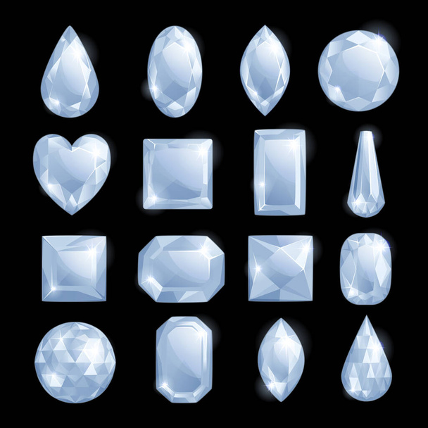 White shiny gems, vector cartoon illustration. Set of diamonds and jewels. Precious gemstones design elements. - Vector, Image