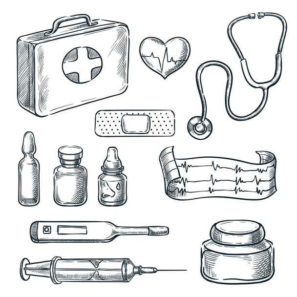 Elsősegély készlet vektor vázlat illusztráció. Gyógyszer és egészségügyi ellátás kézzel rajzolt ikonok és tervezési elemek. - Vektor, kép