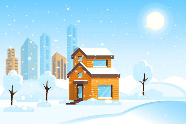 Maison d'hiver détaillée. Jour de Noël enneigé sur fond de paysage et de ville. Illustration vectorielle plate - Vecteur, image