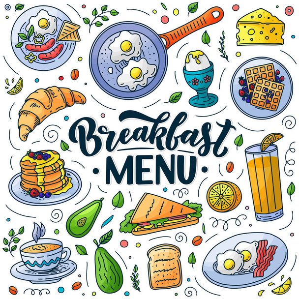 Breakfast menu design elements. Vector doodle style illustration. Hand drawn calligraphy lettering and traditional breakfast meal. Egg, avocado, bacon, coffee icons. - Vector, imagen