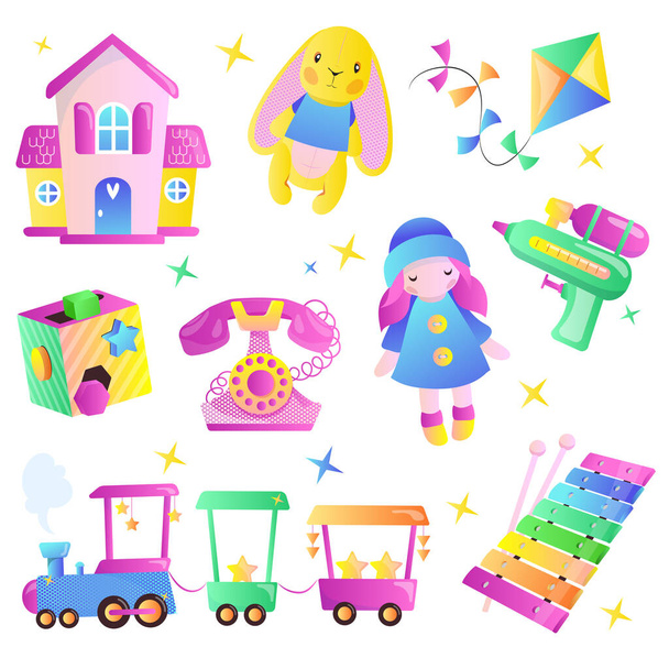 Gyerekek játékok vektor rajzfilm stílusú illusztráció. Multicolor aranyos játékok a kisfiú és a lány. Ajándékbolt design elemek készlet. - Vektor, kép