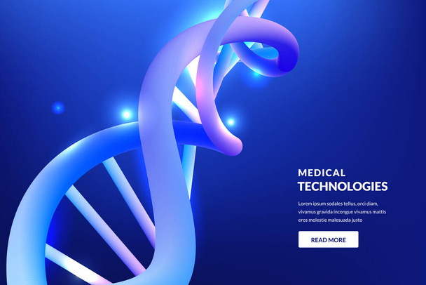 Abstract neon glowing 3d DNA blue background. Vector illustration. Medical technology, biotechnology, science research concept. - Vector, Image