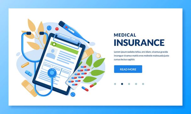 Health insurance concept. Vector flat medical care illustration. Pills, thermometer, stethoscope, and health insurance sheet. Landing page or banner design template for medicine and healthcare themes. - Vector, Image