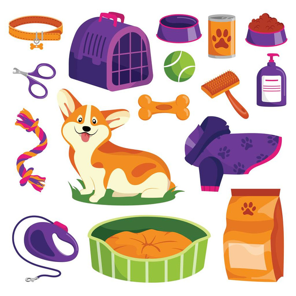 Conjunto de iconos de tienda de mascotas. Perro mercancías vector ilustración de dibujos animados. Alimentos para animales, juguetes, cuidado y otras cosas. - Vector, Imagen