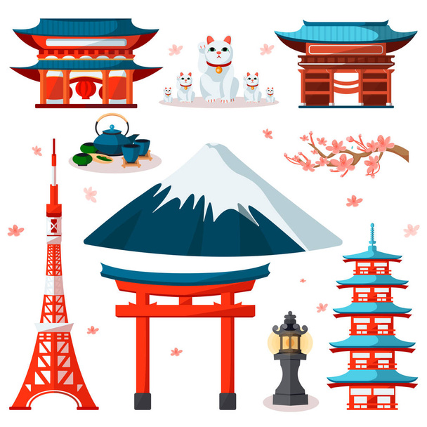 Подорожі в Азію, японські ікони та окремі елементи дизайну. Вектор Японська і Токійська культурні символи і пам'ятки. - Вектор, зображення