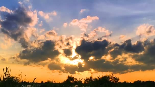 4K Проміжок часу схід сонця і красиві сутінки пухнастий шторм хмарне синьо-жовте небо плавно тече до фантастичного розуму. Дощ доброго вечора і гарний день концепції
. - Кадри, відео