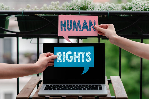 Writing note showing Human Rights. Business photo showcasing Moral Principles Standards Norms of a showing protected by Law Empty bubble chat sticker mock up emphasizing personal idea. - 写真・画像
