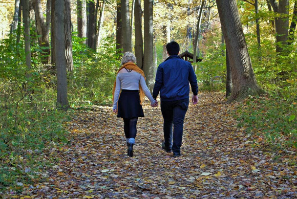 Un jeune couple marchant sur un sentier dans les bois se tenant la main à l'automne - Photo, image