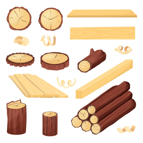 Wood plank, logs and trunk, vector cartoon illustration isolated on white background. Firewood and wooden industry materials objects set. - Vector, Image