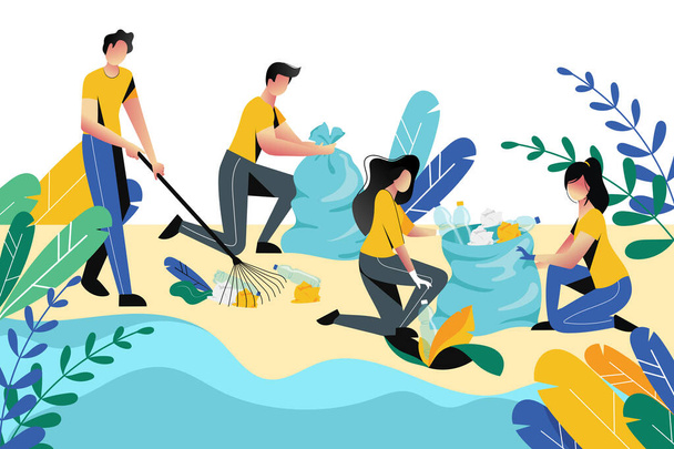 Добровольческая, благотворительная социальная концепция. Добровольцы убирают мусор на пляже или в городском парке, векторная плоская иллюстрация. Экологический образ жизни. - Вектор,изображение