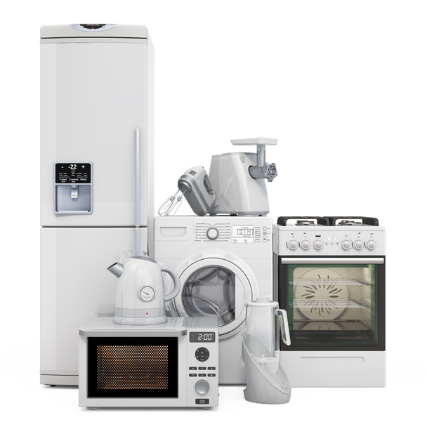 Σετ συσκευών κουζίνας. Πλυντήριο ρούχων, ψυγείο, γκάζι, φούρνο μικροκυμάτων, μηχανή άλεσης κρέατος, μίξερ, βραστήρα και μηχανή νερού πλούσια σε υδρογόνο. 3D απόδοση απομονωμένη σε λευκό φόντο - Φωτογραφία, εικόνα