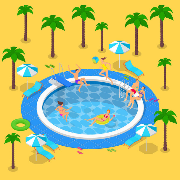 Літня вечірка в басейні, векторна 3d ізометрична ілюстрація. Літня відпустка в готельному курорті. Щасливі молоді люди відпочивають біля басейну
. - Вектор, зображення