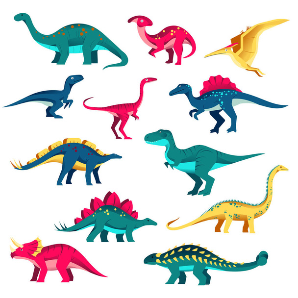 Rajzfilm dinoszaurusz karakterek készlet. Vektor színes lapos illusztráció. Aranyos dinó gyűjtemény, gyerekek design elemek elszigetelt fehér háttér. - Vektor, kép