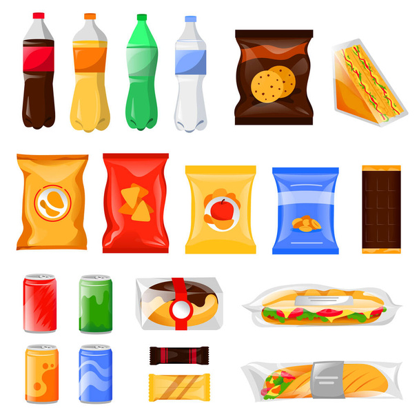Snack and fast food products set. Cartoon meal and drinks vector illustration, isolated on white background. Beverage bottles, sandwich package and cookie packets, icons and design elements. - Vector, Image