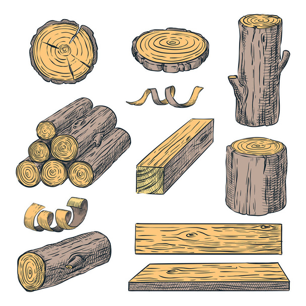 Wood logs, trunk and planks, vector color sketch illustration. Hand drawn wooden materials isolated on white background. Firewood set. - Vector, Image