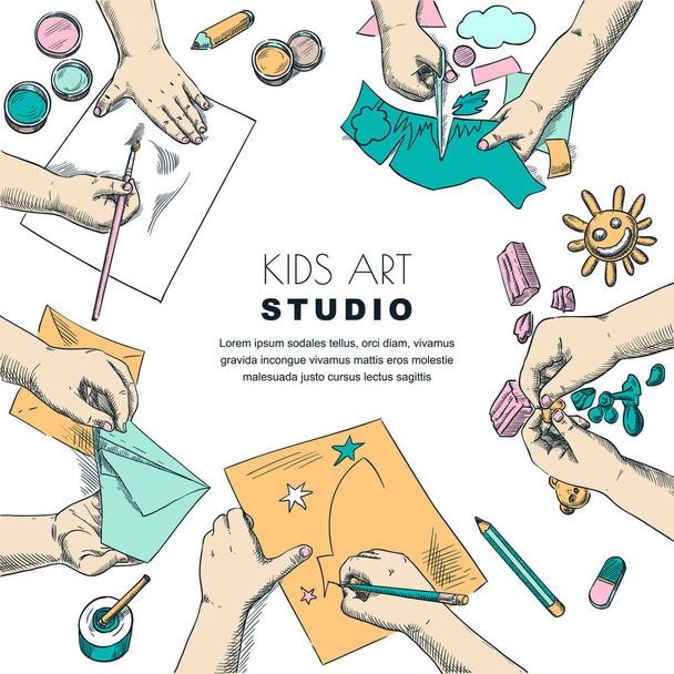 Kids art class work process. Top view illustration of painting and drawing children. Craft and creativity concept. Education banner design. Vector colorful sketch on white background. - Vector, Image