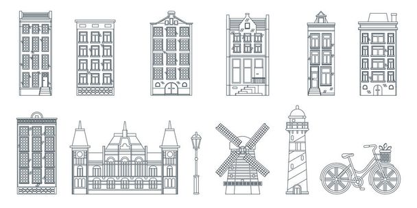 Amszterdam város épületek, malom, világítótorony és kerékpár, fekete fehér vonal művészet elszigetelt ikonok. Vektor illusztráció. Utazás Hollandia tervezési elemeibe. - Vektor, kép