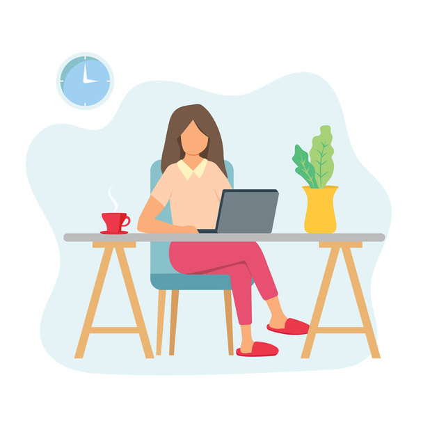 Jovem mulher trabalhando em um escritório em um computador. Menina digitando em um teclado de laptop em uma mesa com uma xícara de café. Copiar espaço para texto ou design. Ilustração vetorial plana - Vetor, Imagem