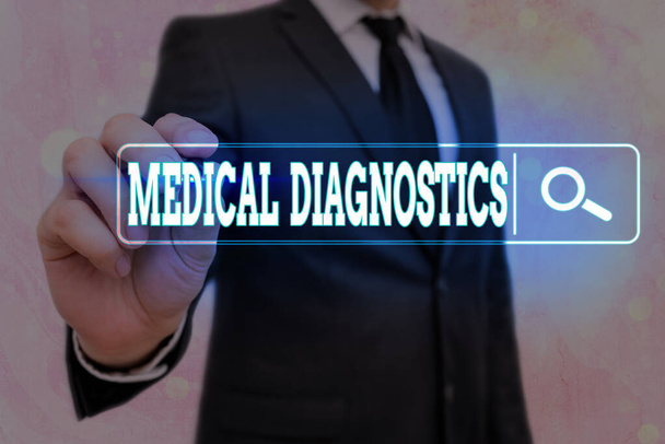 Word writing text Medical Diagnostics. Business concept for act of identifying a disease from its signs and symptoms Web search digital information futuristic technology network connection. - Photo, Image