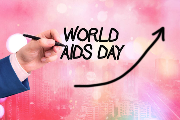 Fogalmi kézírás, ami az AIDS világnapját mutatja. Üzleti fotó szöveg egy nemzetközi nap, hogy felhívja a figyelmet az AIDS világjárvány Digitális nyíl görbe jelölő növekedés fejlesztési koncepció. - Fotó, kép