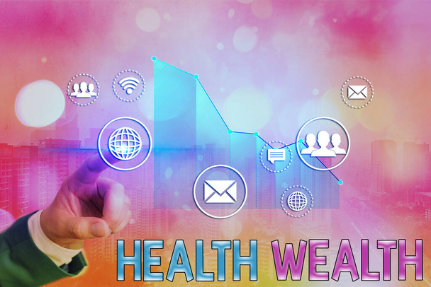 Word writing text Health Wealth. Business concept for healthy mind and body can bring you wealth and happiness Arrow symbol going upward denoting points showing significant achievement. - Photo, Image