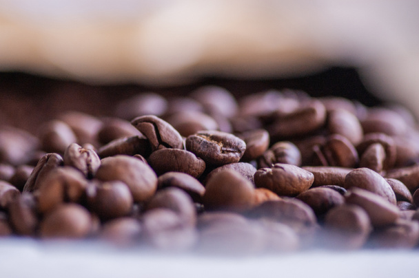 Grãos de café fundo. Grãos de café naturais torrados leves. Manhã e vigor, cafeína. Arábica - Foto, Imagem