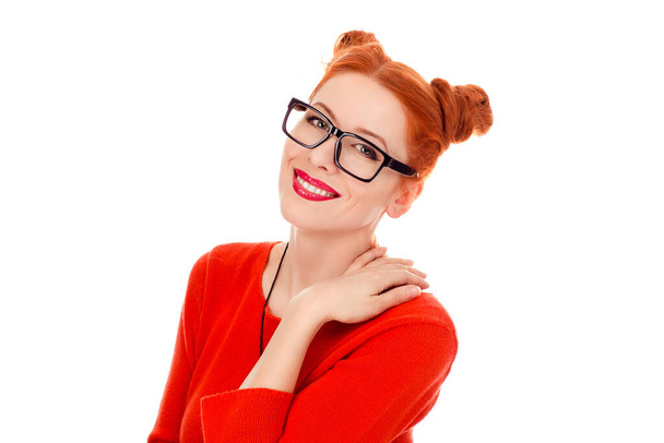 Closeup portrait of a beautiful woman in her 30s wearing square eye glasses smiling looking, wearing red blouse standing posing on white background wall. Mixed race, irish and hispanic, caucasian mode - Foto, imagen