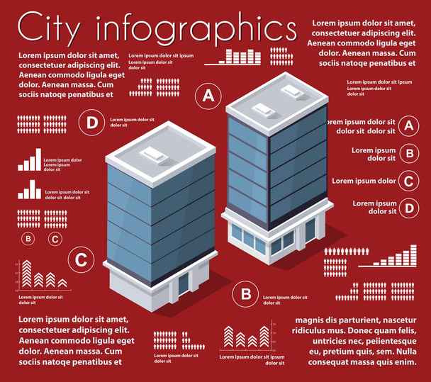 Izometryczny zestaw infograficzny miasta, architektura, elementy graficzne. Wzór koncepcji informacji miejskiej z ikonami statystycznymi, wykresami, wykresami - Wektor, obraz