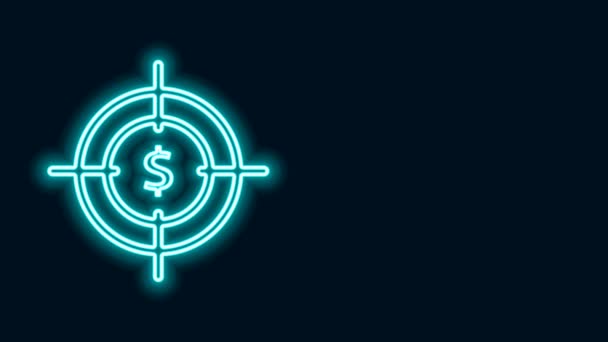 Zářící neonová čára Cíl s ikonou symbolu dolaru izolovaný na černém pozadí. Ikona cíle investice. Úspěšný obchodní koncept. Hotovost nebo peníze. Grafická animace pohybu videa 4K - Záběry, video