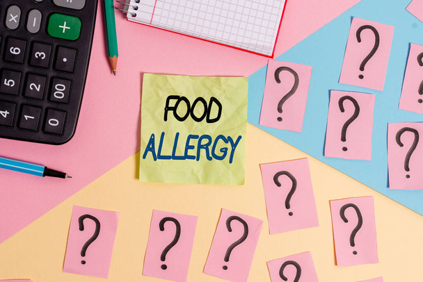 Text sign showing Food Allergy. Conceptual photo abnormal immune system response to allergen after eaten Mathematics stuff and writing equipment above pastel colours background. - Fotó, kép