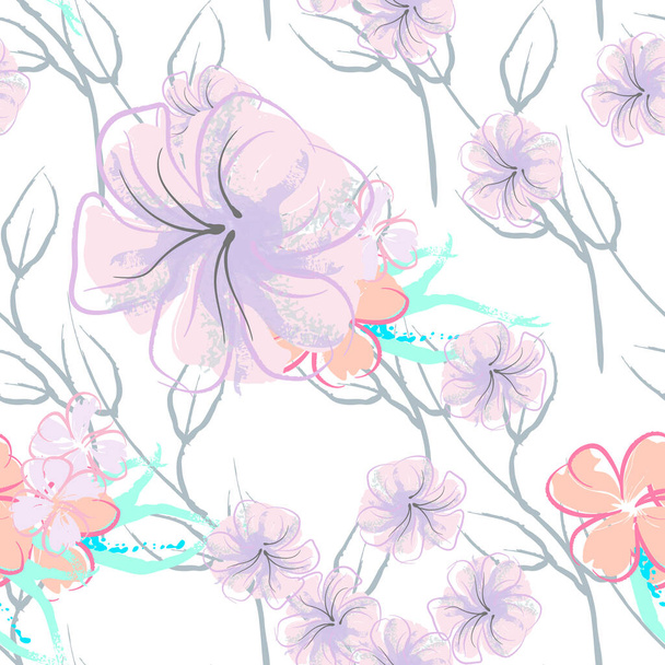 Pink Flowers Blooming Pattern. Pastel Watercolor. - Vector, imagen