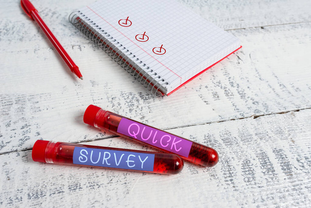 Handwriting text Quick Survey. Concept meaning Conduct fast check on condition value situation of something Extracted blood sample vial with medical accessories ready for examination. - Photo, Image