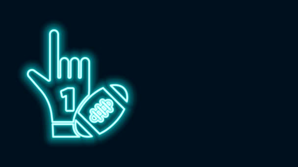 Hehkuva neon line numero 1 yksi tuuletin käsi käsine sormella nostettu ja amerikkalainen jalkapallo pallo kuvake eristetty mustalla pohjalla. Joukko urheiluvälineitä. 4K Video motion graafinen animaatio - Materiaali, video