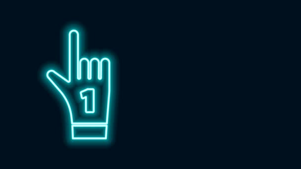 Gloeiende neon lijn Nummer 1 waaier handschoen met vinger opgeheven pictogram geïsoleerd op zwarte achtergrond. Symbool van teamondersteuning in wedstrijden. 4K Video motion grafische animatie - Video