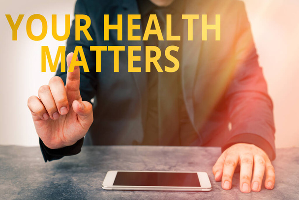 Handwriting text writing Your Health Matters. Concept meaning good health is most important among other things Model displaying black screen modern smartphone mock-up for personal interest. - Photo, Image