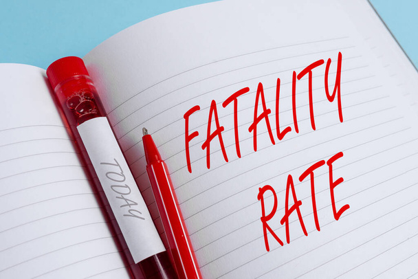 Tekst pisma Fatality Rate. Koncepcja oznaczająca obliczoną liczbę zgonów w określonym przedziale czasowym Wydobyta fiolka z próbką krwi z akcesoriami medycznymi gotowymi do badania. - Zdjęcie, obraz