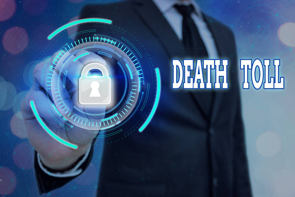 Death Toll 'u gösteren bir not yazıyorum. Belirli bir olaydan kaynaklanan ölümlerin sayısını gösteren iş fotoğrafı web veri güvenliği uygulama sistemi için grafiksel asma kilit. - Fotoğraf, Görsel