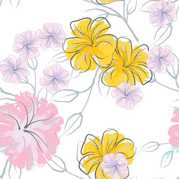 Pink Flowers Blooming Pattern. Pastel Watercolor. - Wektor, obraz