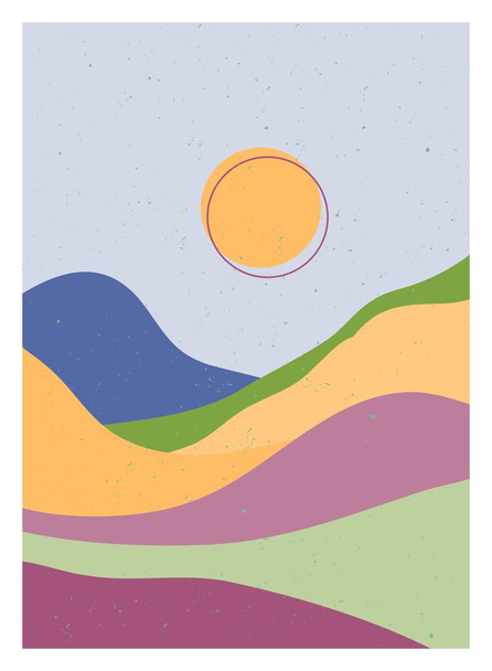 Középszázadi modern minimalista művészet nyomtatás. Absztrakt kortárs esztétikai hátterek tájak nyugszik Nap, Hold, tenger, hegyek. vektoros illusztrációk - Vektor, kép