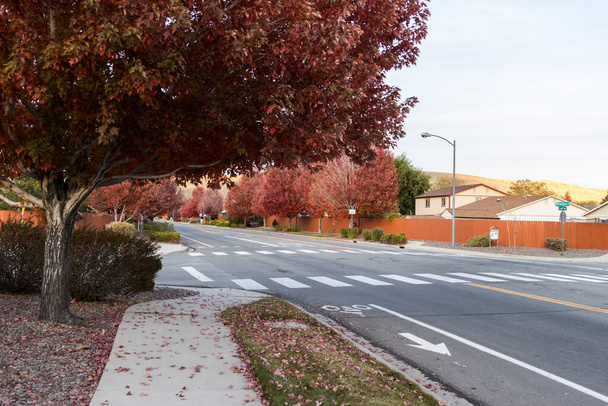 Sidewalk οδηγεί σε μια οδική διασταύρωση σε μια γειτονιά κοντά σε μια λωρίδα ποδήλατο - Φωτογραφία, εικόνα